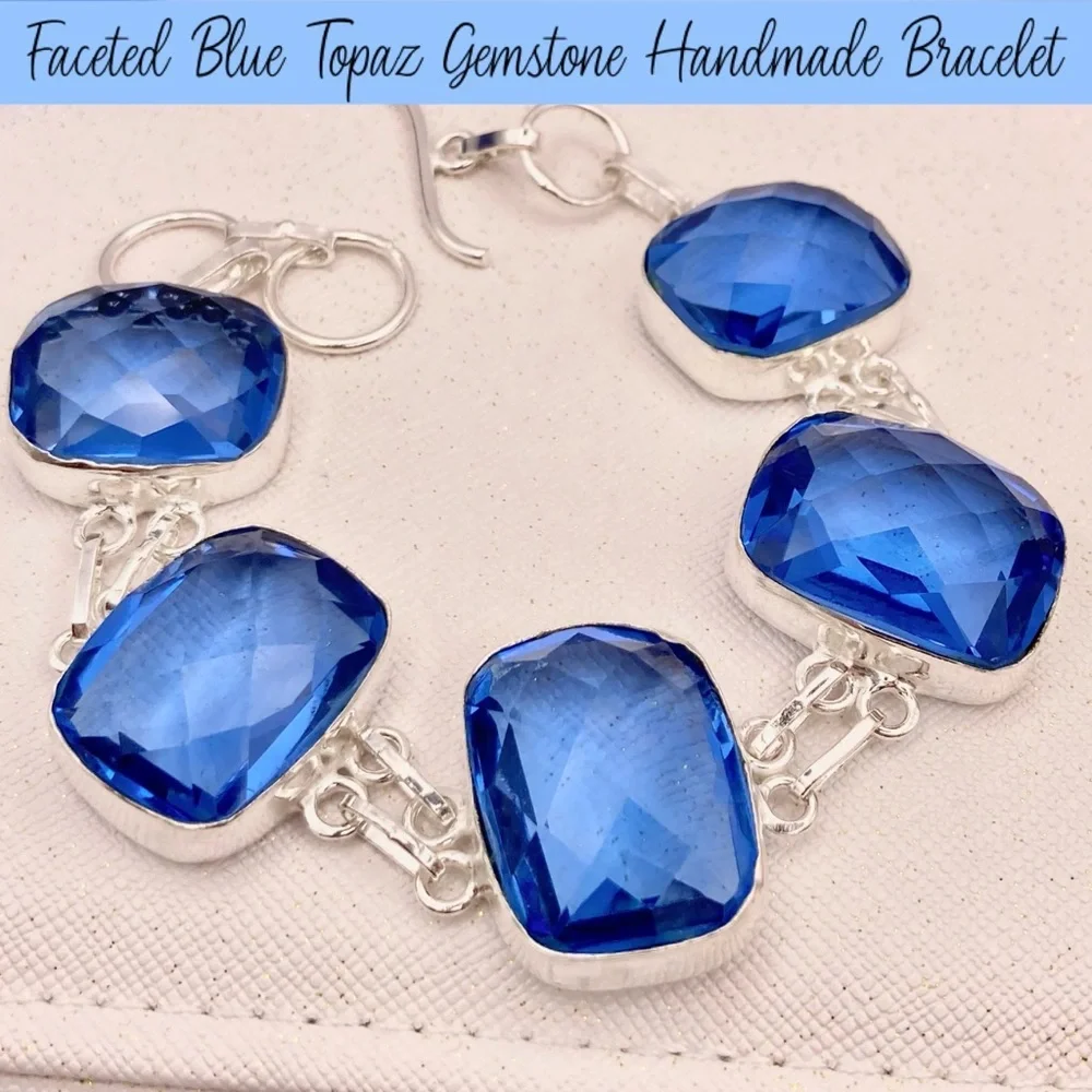 Faceted Blue Topaz Gemstone Handmade Bracelet - Picture 4 of 5